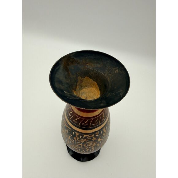 Vintage Brass Bud Vase India Hand Engraved Floral + Feather  Vintage Hand Engraved Metal Vase India 9\